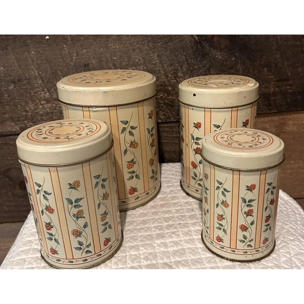 Vintage Metal‎ Tin Canister Set Of 4 Nesting Containers Some Wear Cottage Core